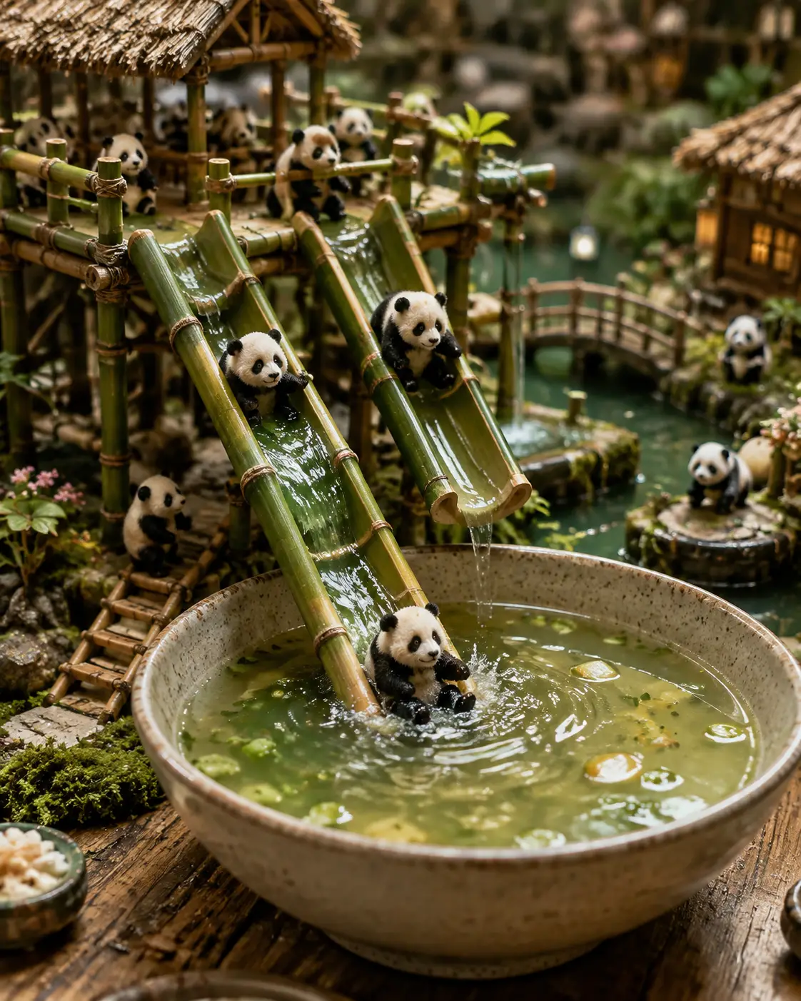 迷你熊貓順著竹子滑進湯碗裡
