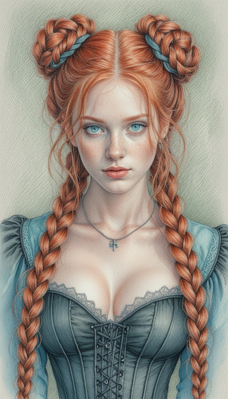 Retrato de chica pelirroja en dibujo detallado a lápiz de color
