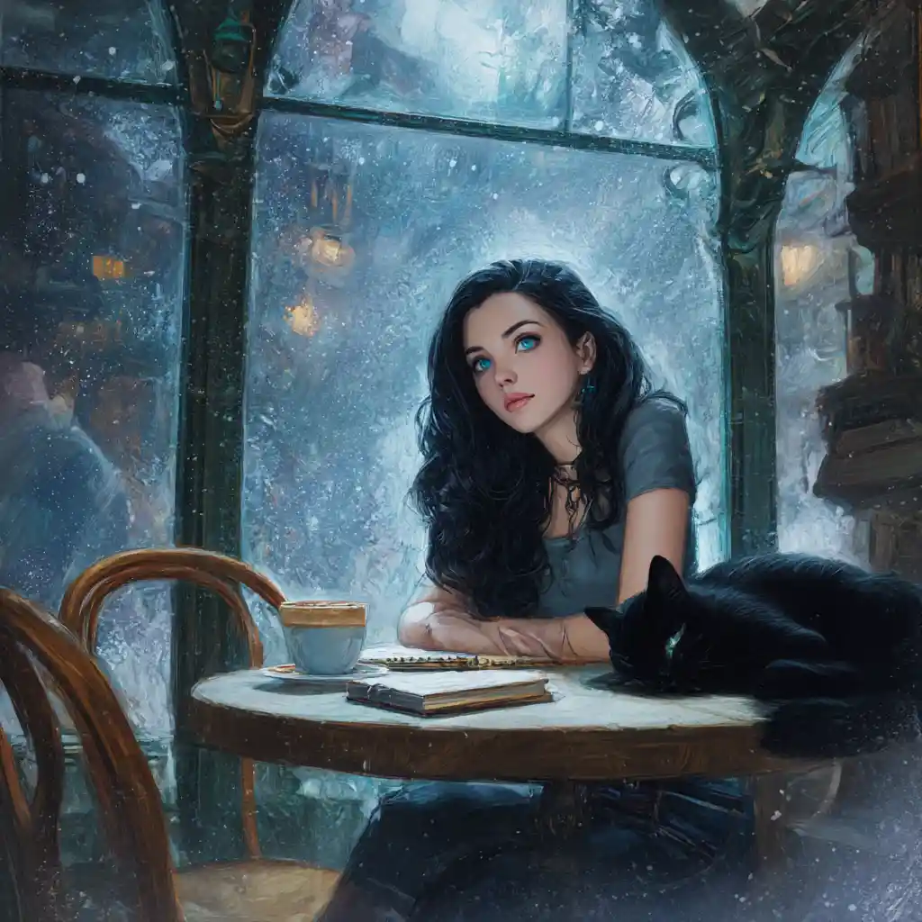 Goth woman in rainy cafe with cappuccino and notebook