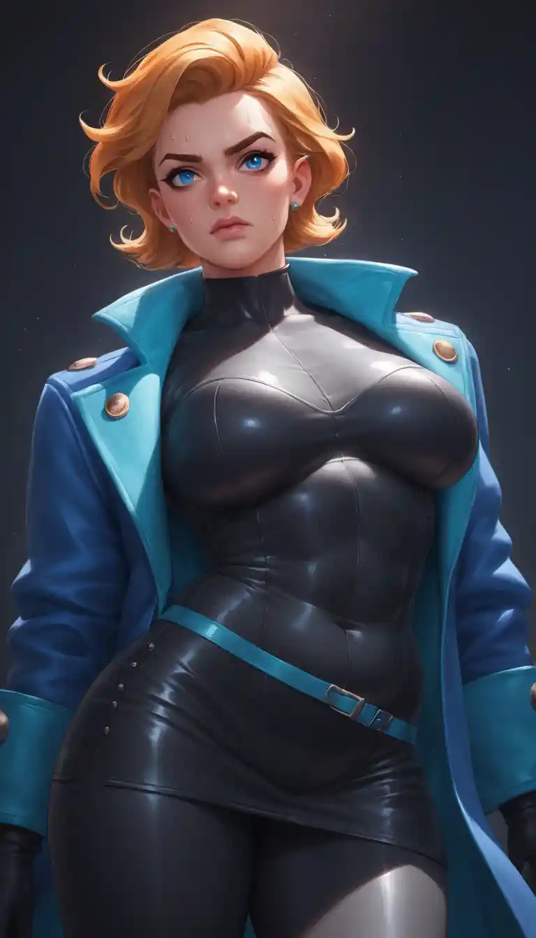 Heroína de anime curvilínea con cabello salvaje y ojos azules