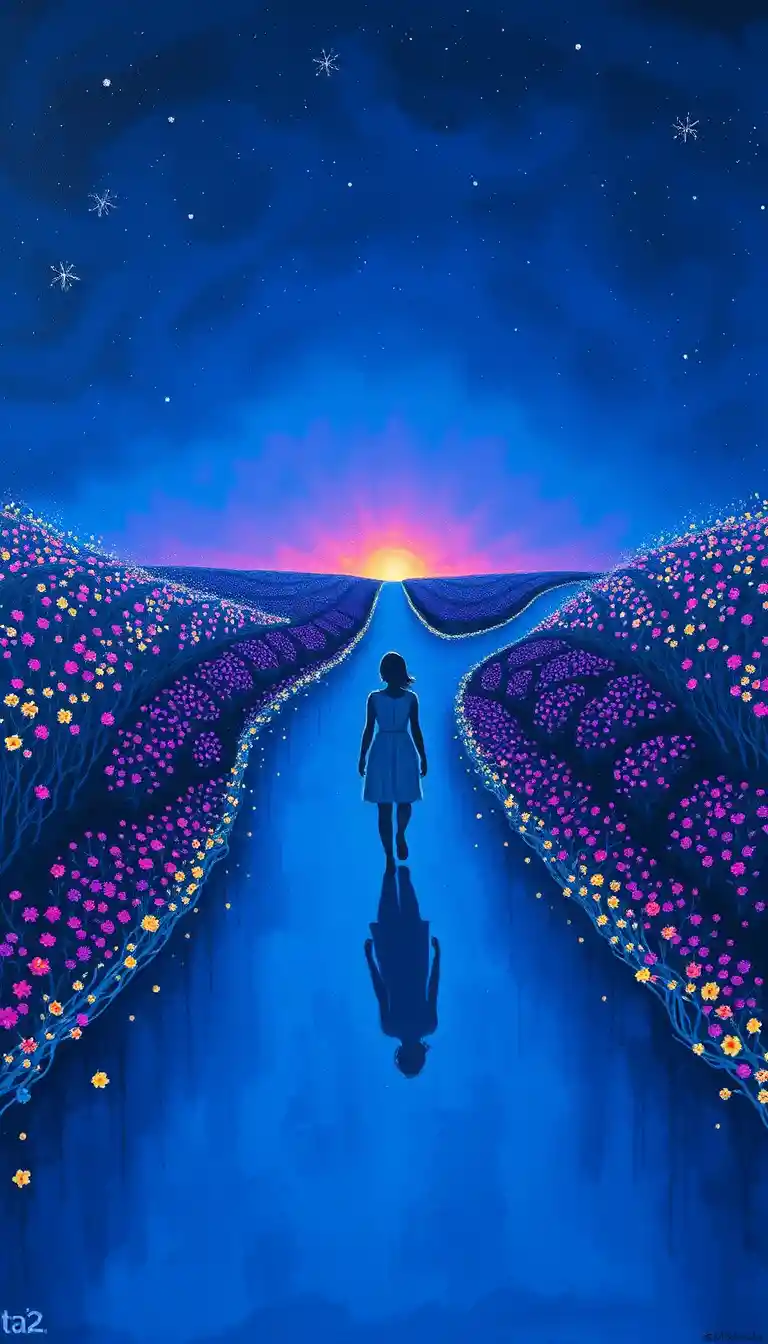 Mujer caminando sola por un luminoso sendero de jardín nocturno