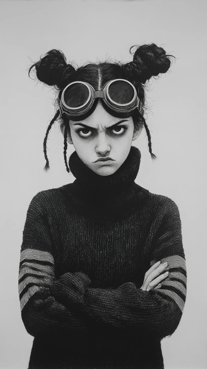 Chica melancólica con gafas en retrato a lápiz en blanco y negro