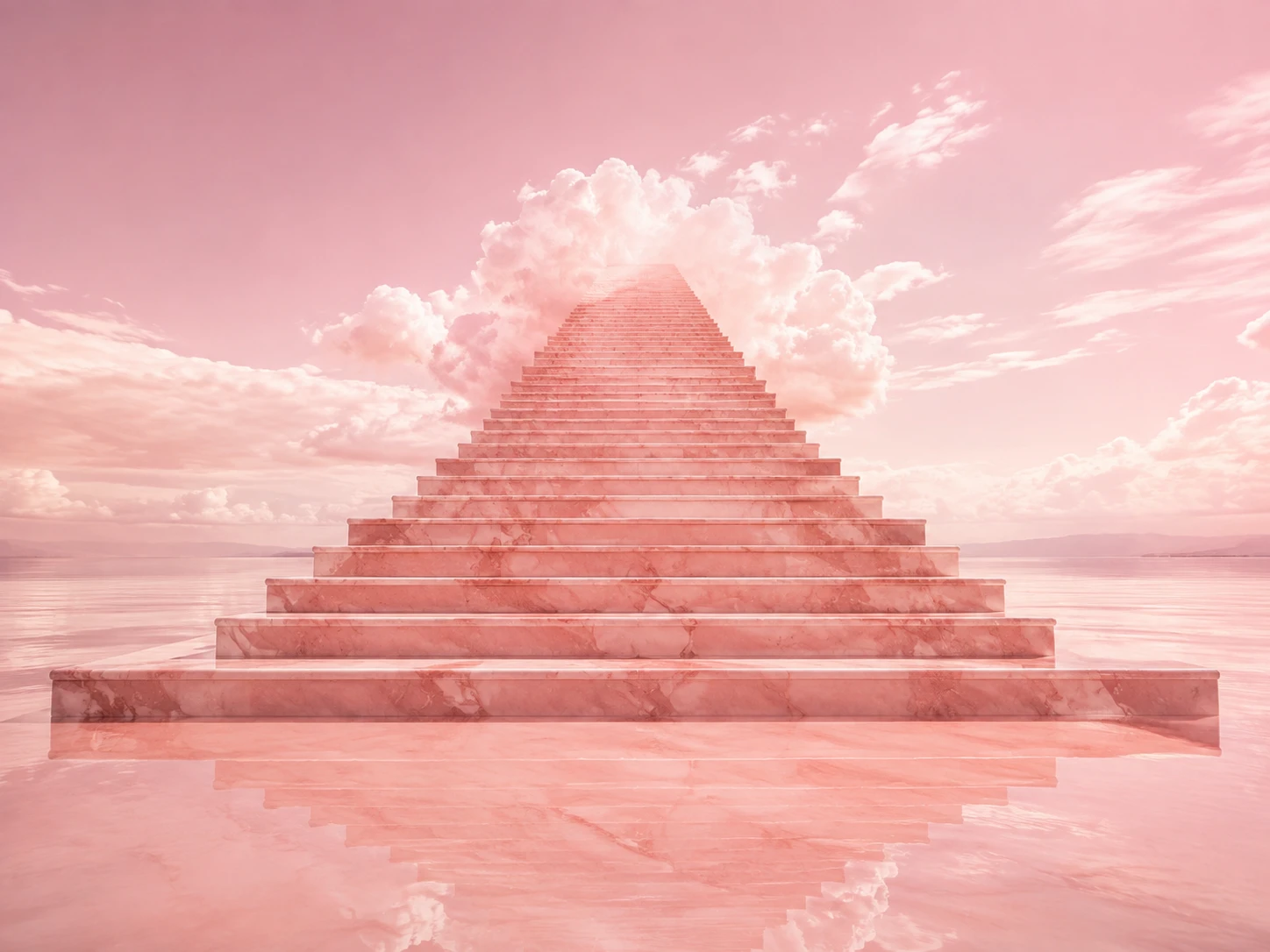 Surreal pink stone staircase rising above a reflective lake