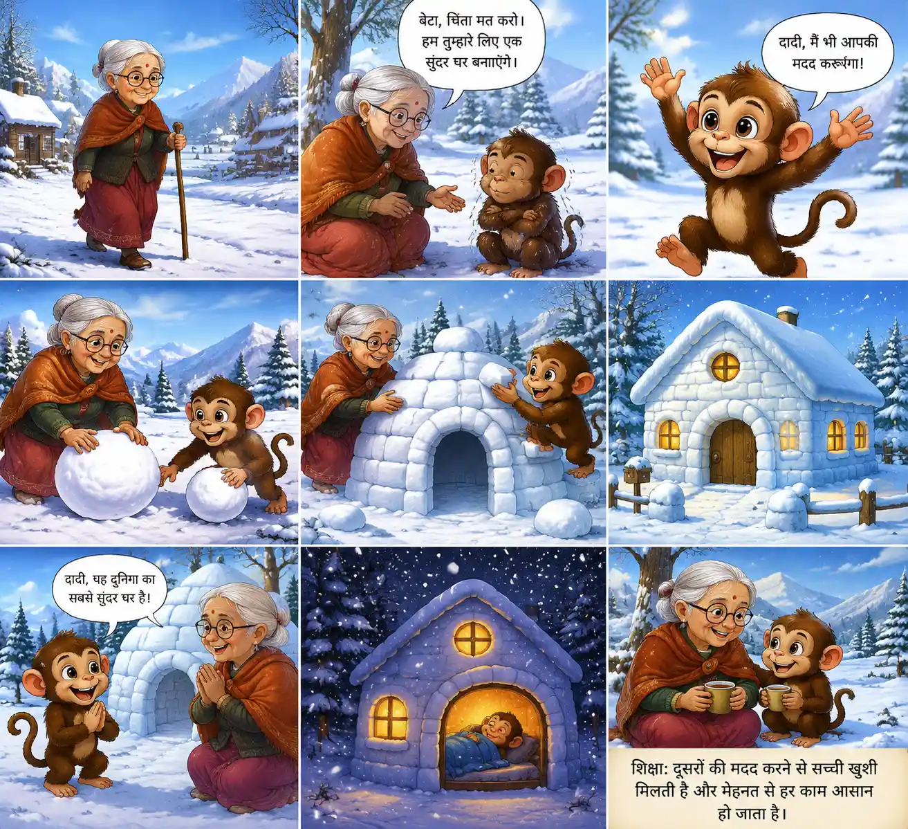 Grandmother helps a little monkey in the snowy mountains