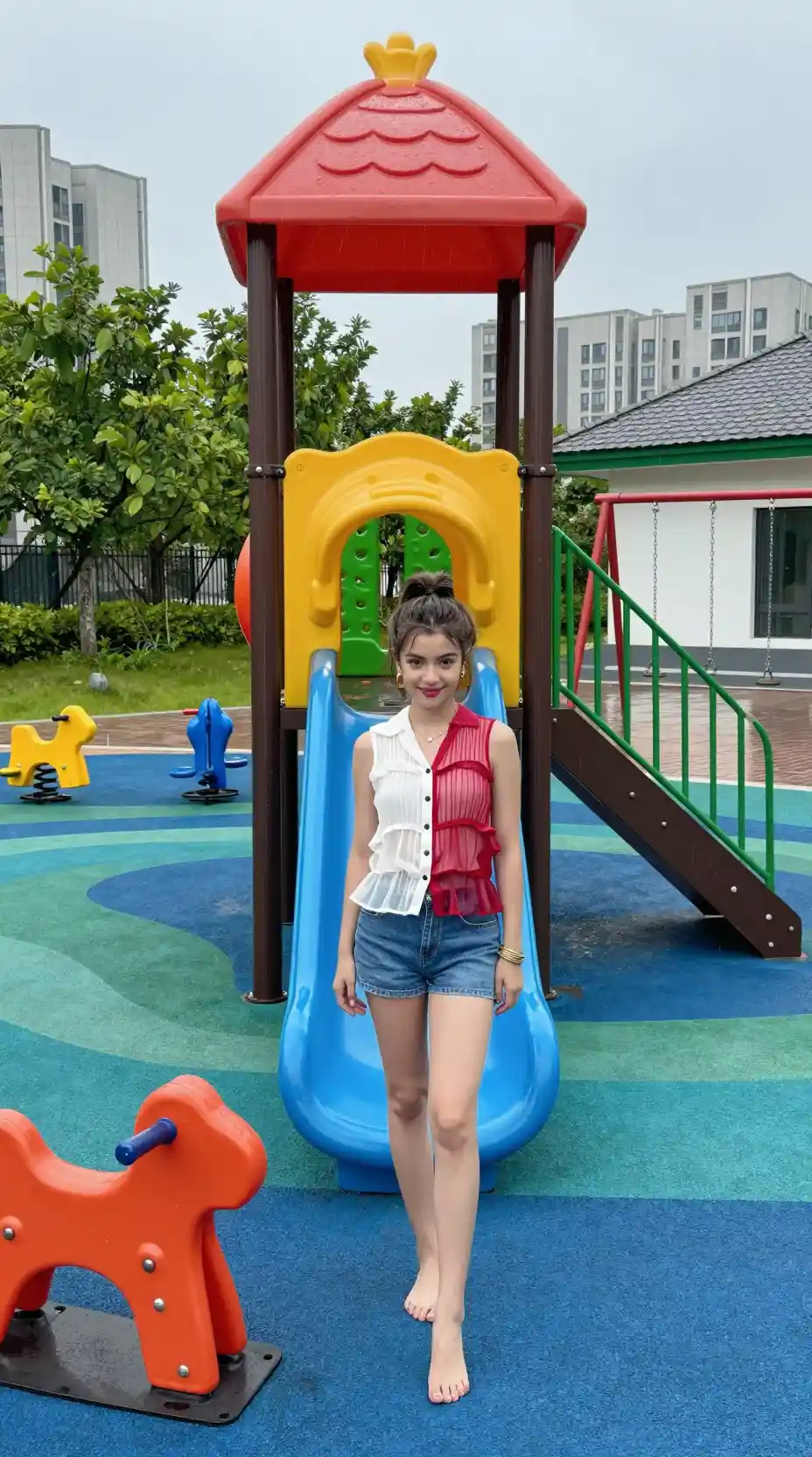 Smiling young girl in white and red top at playground