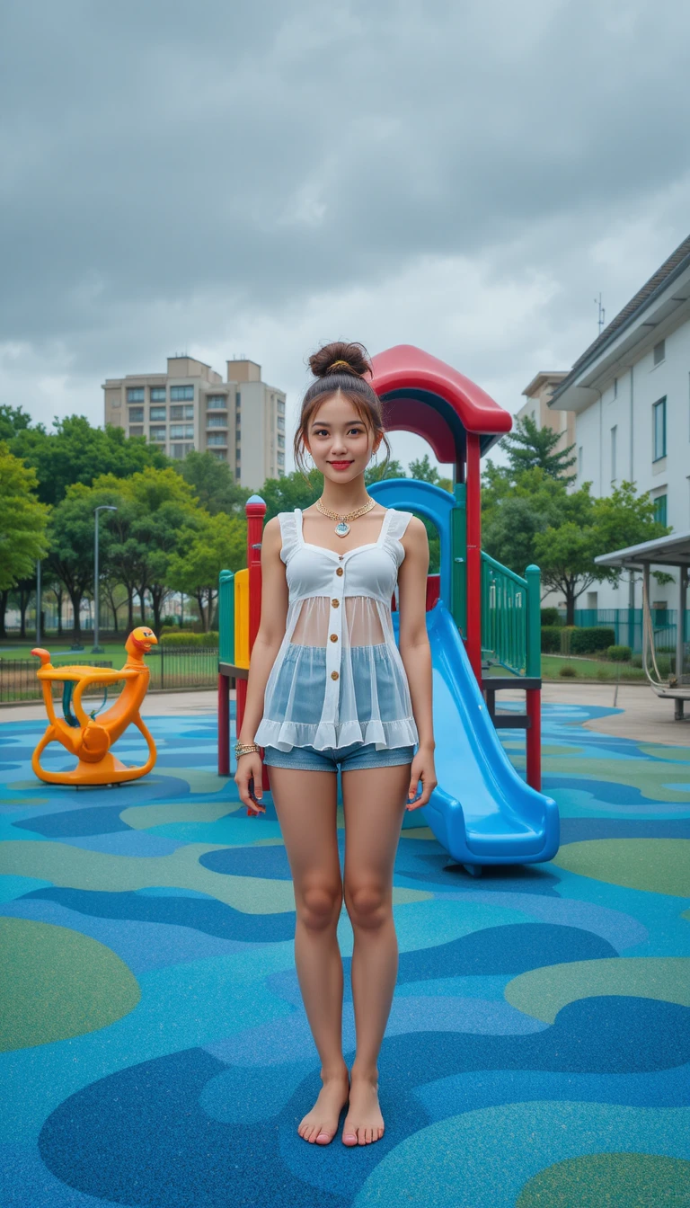 Niña joven sonriente con blusa de volantes en un parque infantil urbano