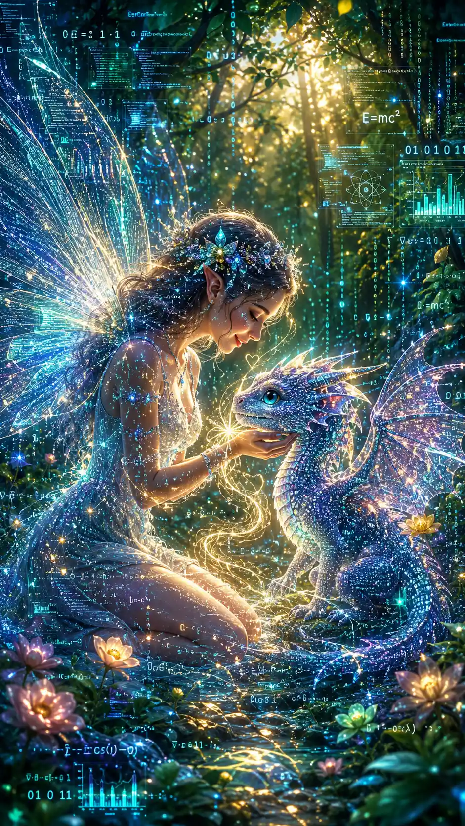 Woodland fairy with baby dragon in glowing data forest