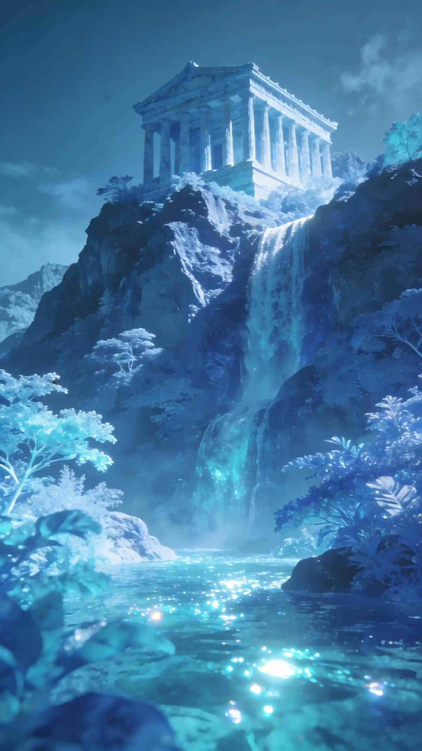 Antico tempio greco sopra cascate in un paesaggio blu surreale
