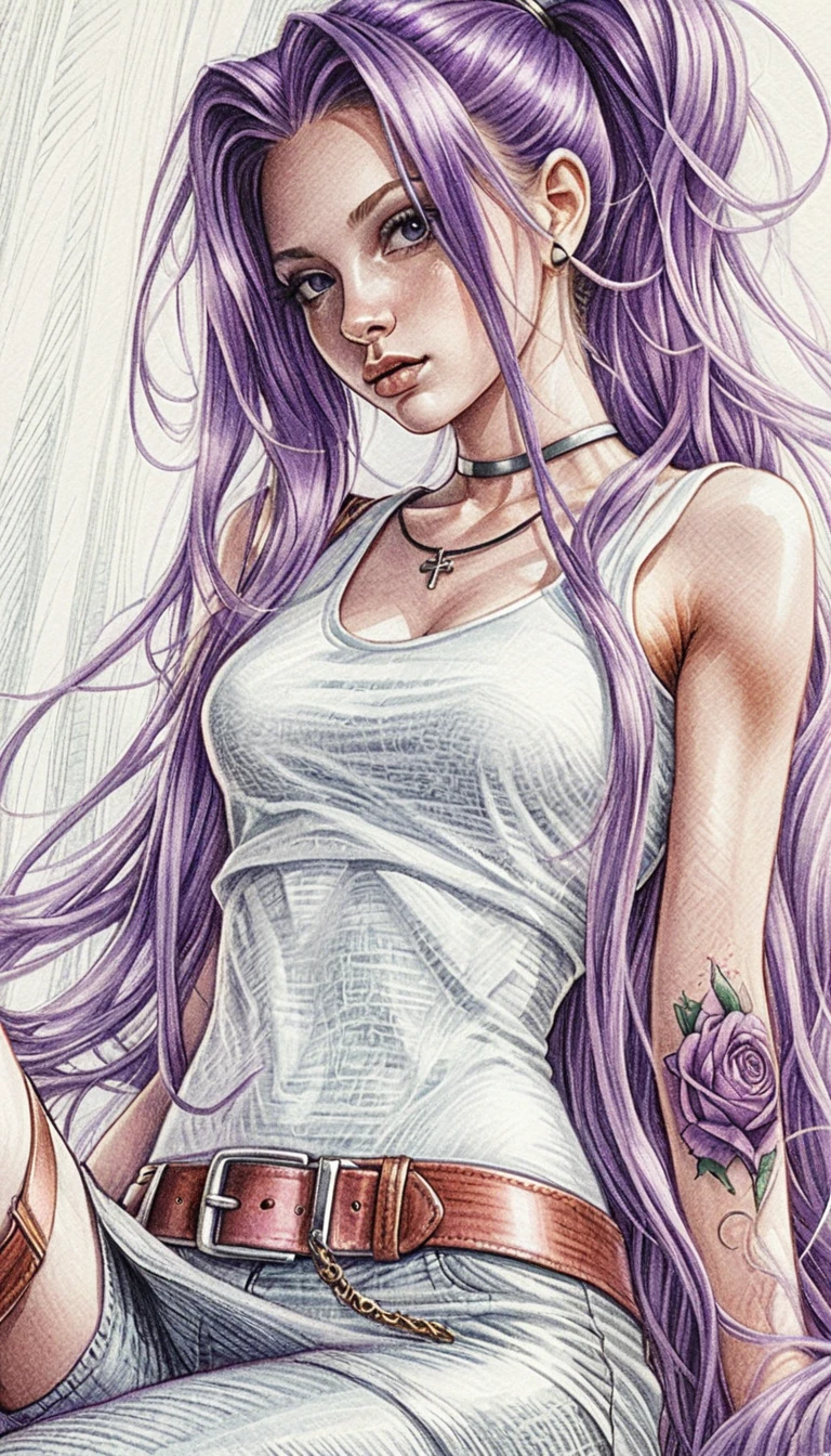 Chica de cabello morado en retrato ilustrado a lápiz