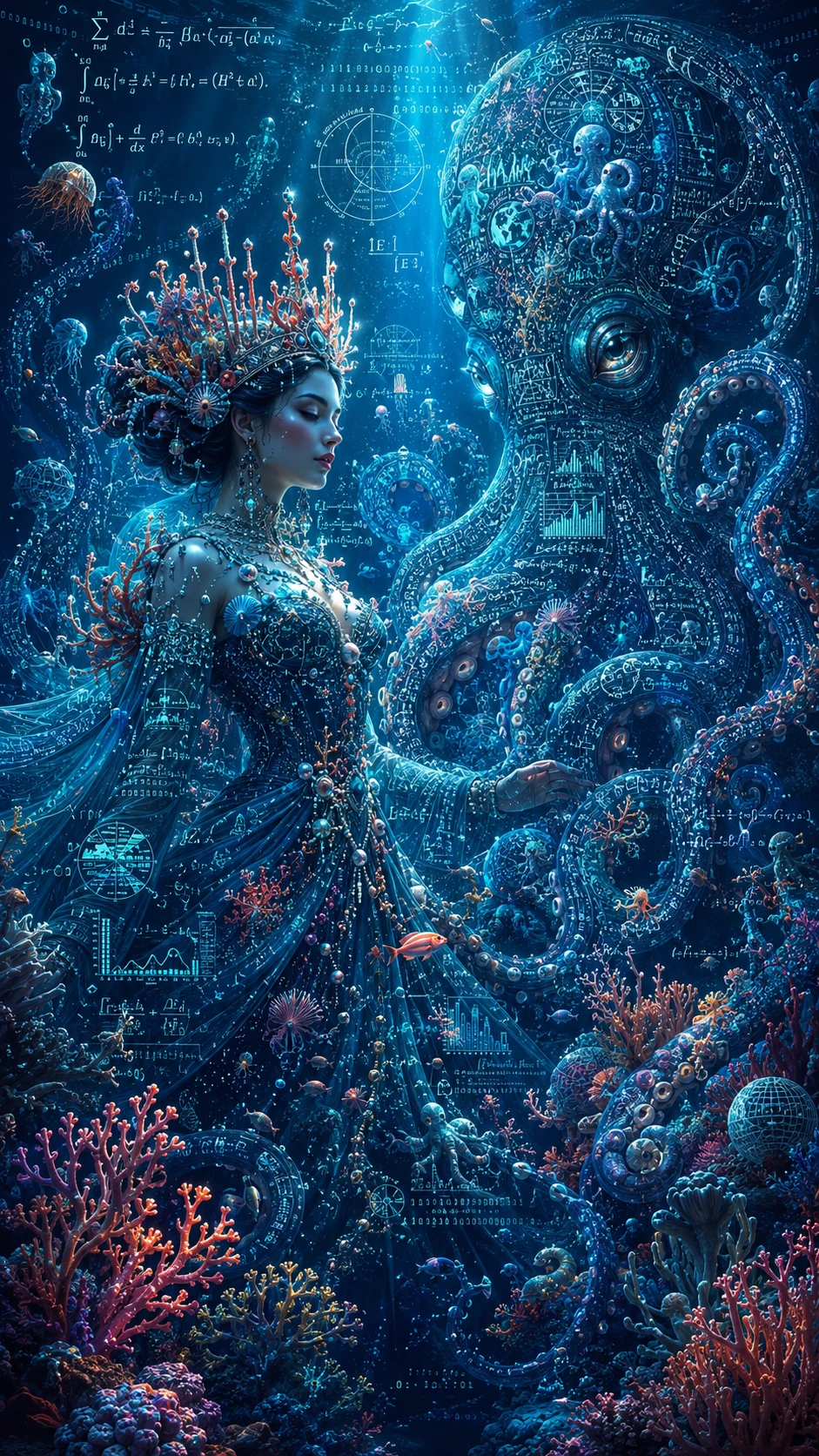 Reina de coral fantástica con compañero pulpo tejido de datos