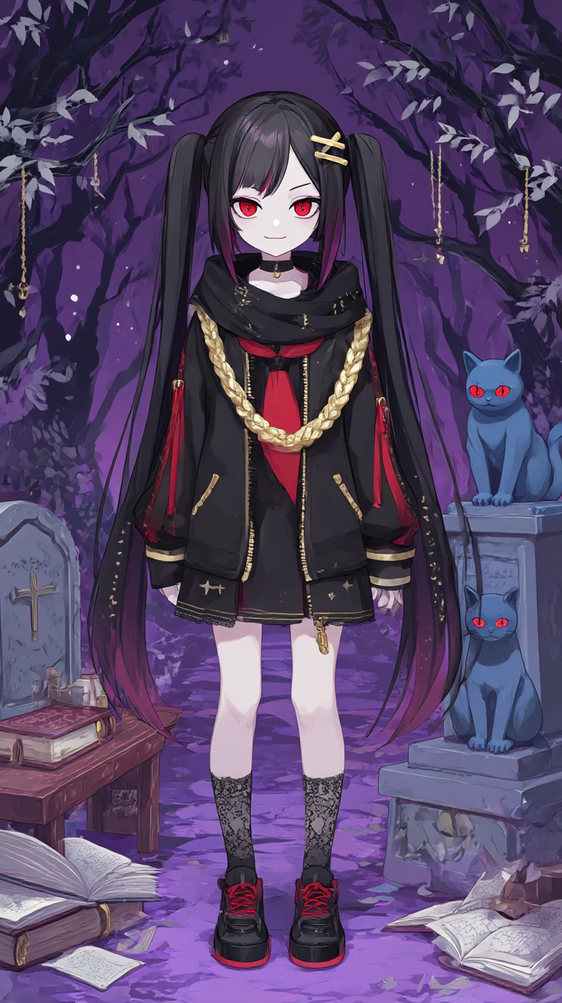 Chica de anime siniestra con chaqueta y falda negras ornamentadas