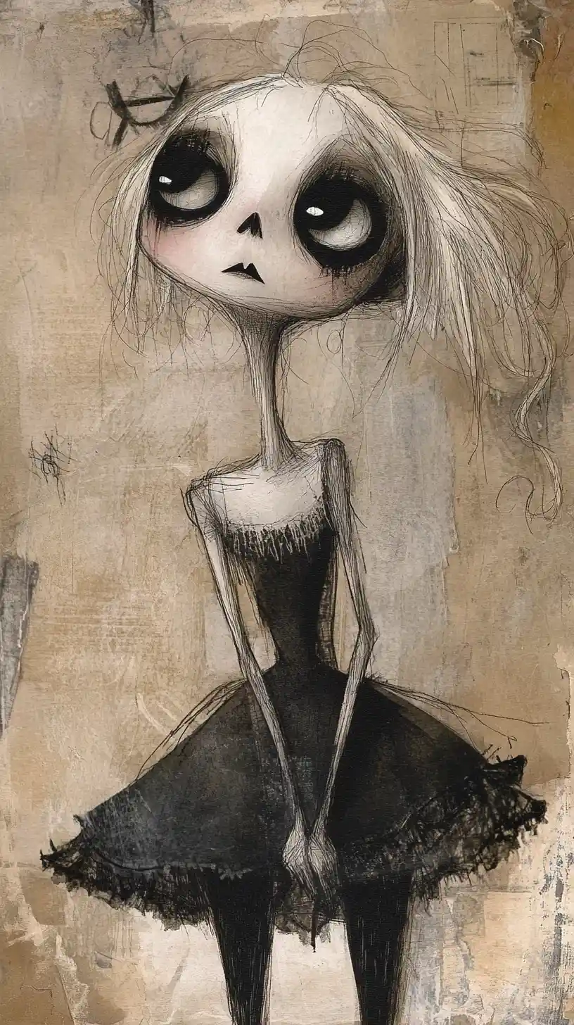 Mulher gótica de pescoço alongado em mixed media texturizado