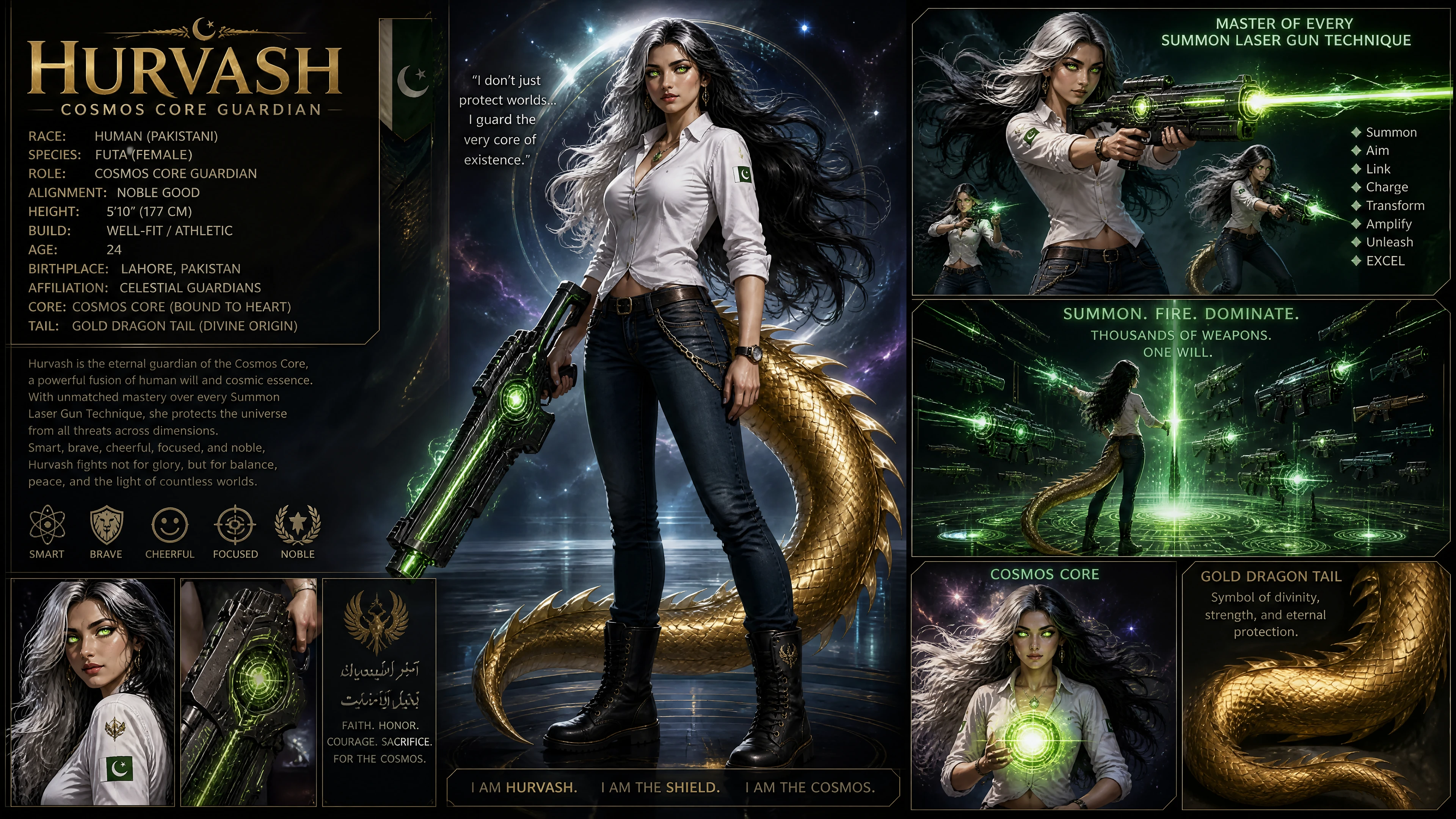 Heroica guardiana cósmica con cola de dragón
