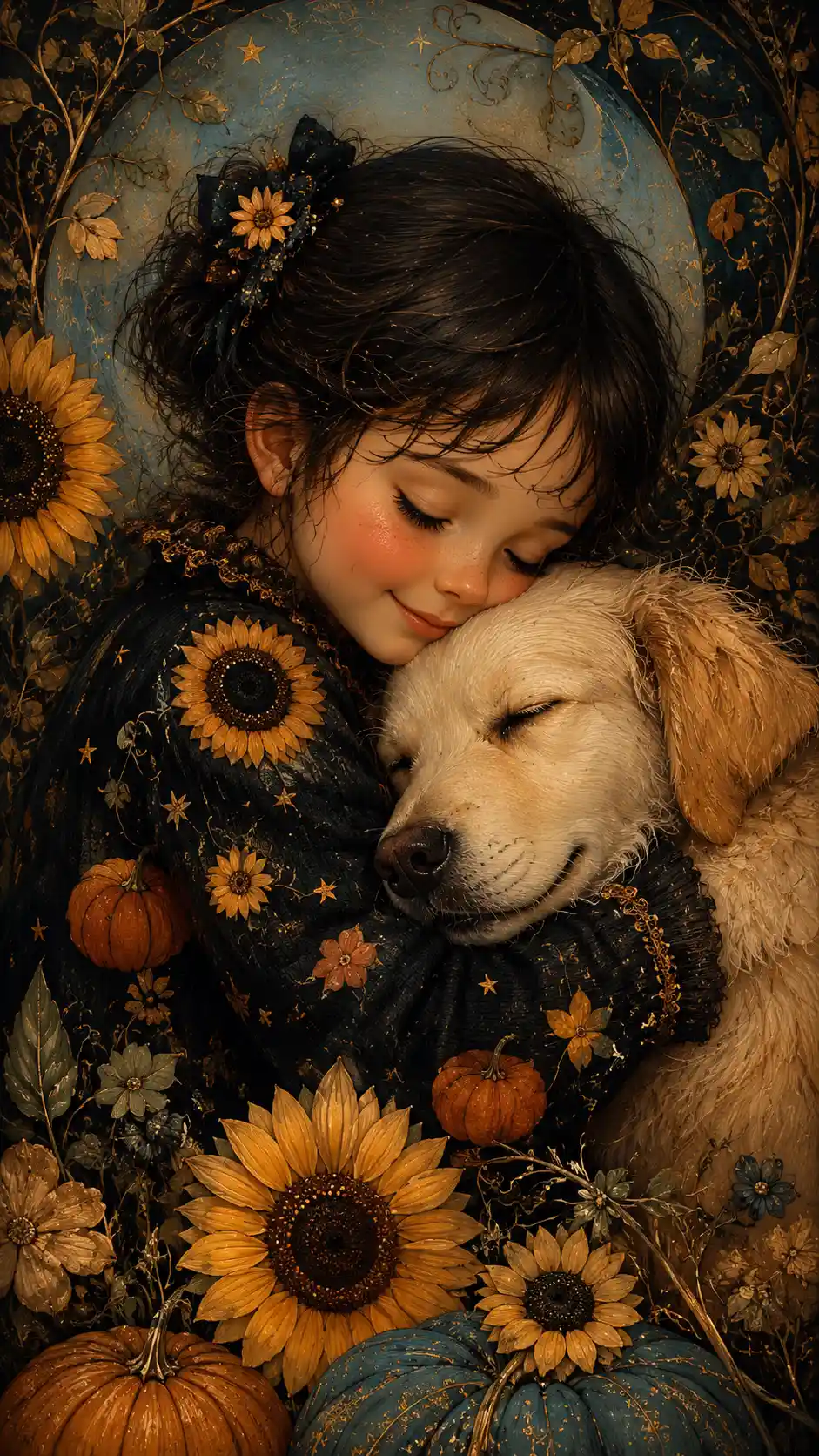 Jovem abraçando um cachorro claro entre flores quentes
