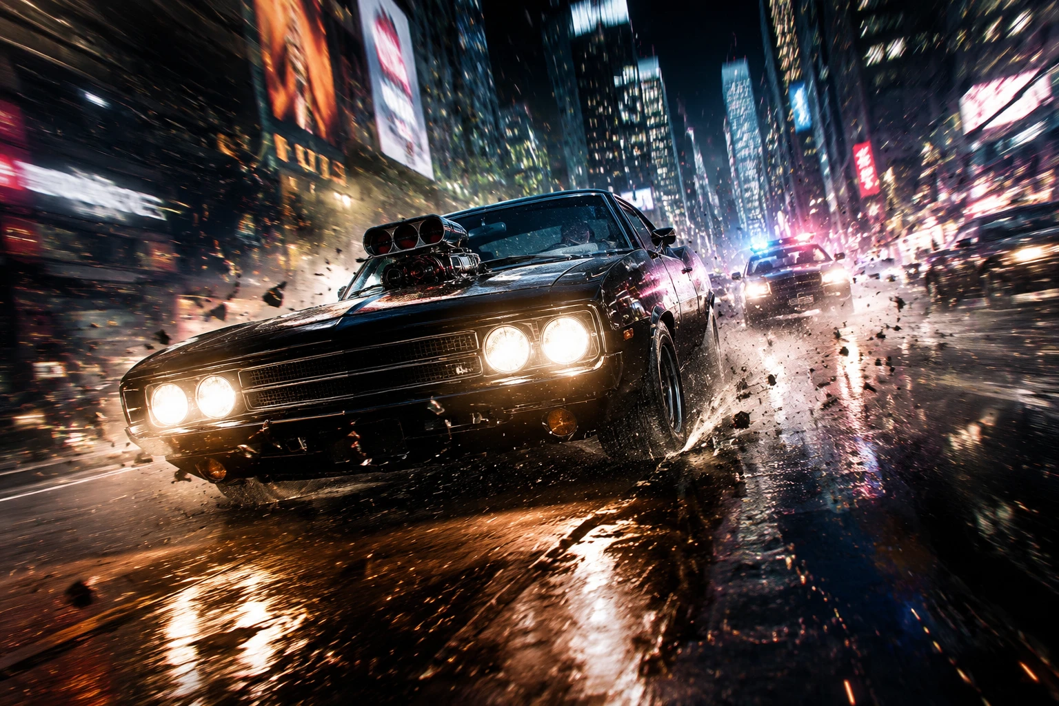 Muscle car sobrealimentado corriendo por calles de neón bajo la lluvia