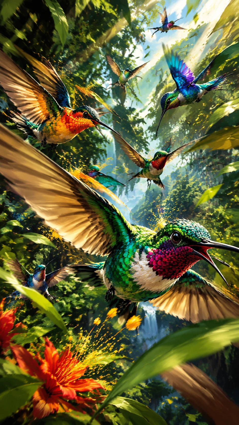 Colibríes vibrantes que surcan la copa de una jungla bañada por el sol