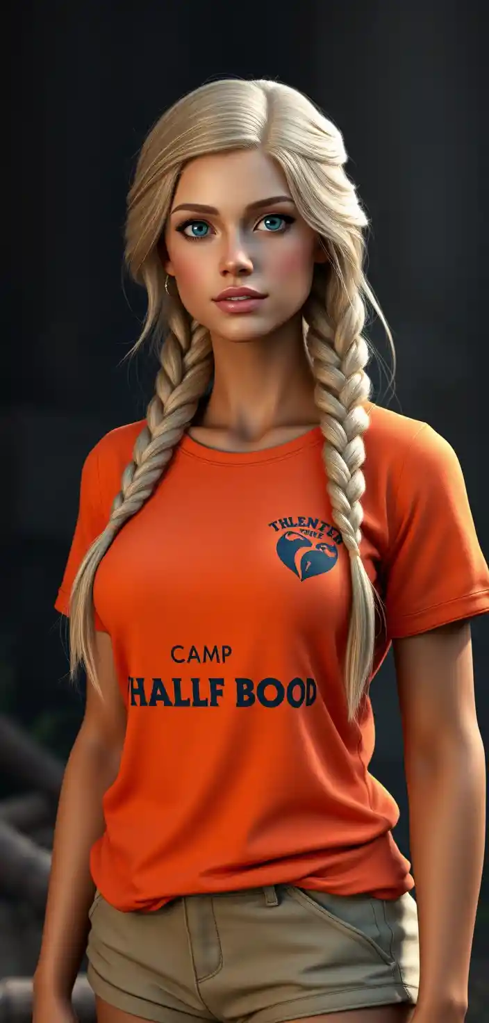 Mujer rubia con camiseta naranja de campamento y shorts en pose de cuerpo completo