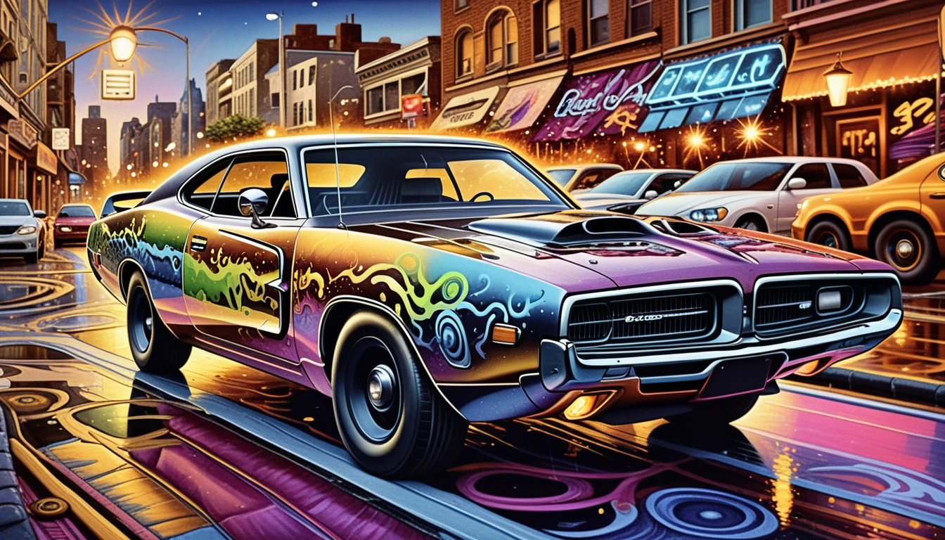 Surreal neon muscle car on a glowing city street