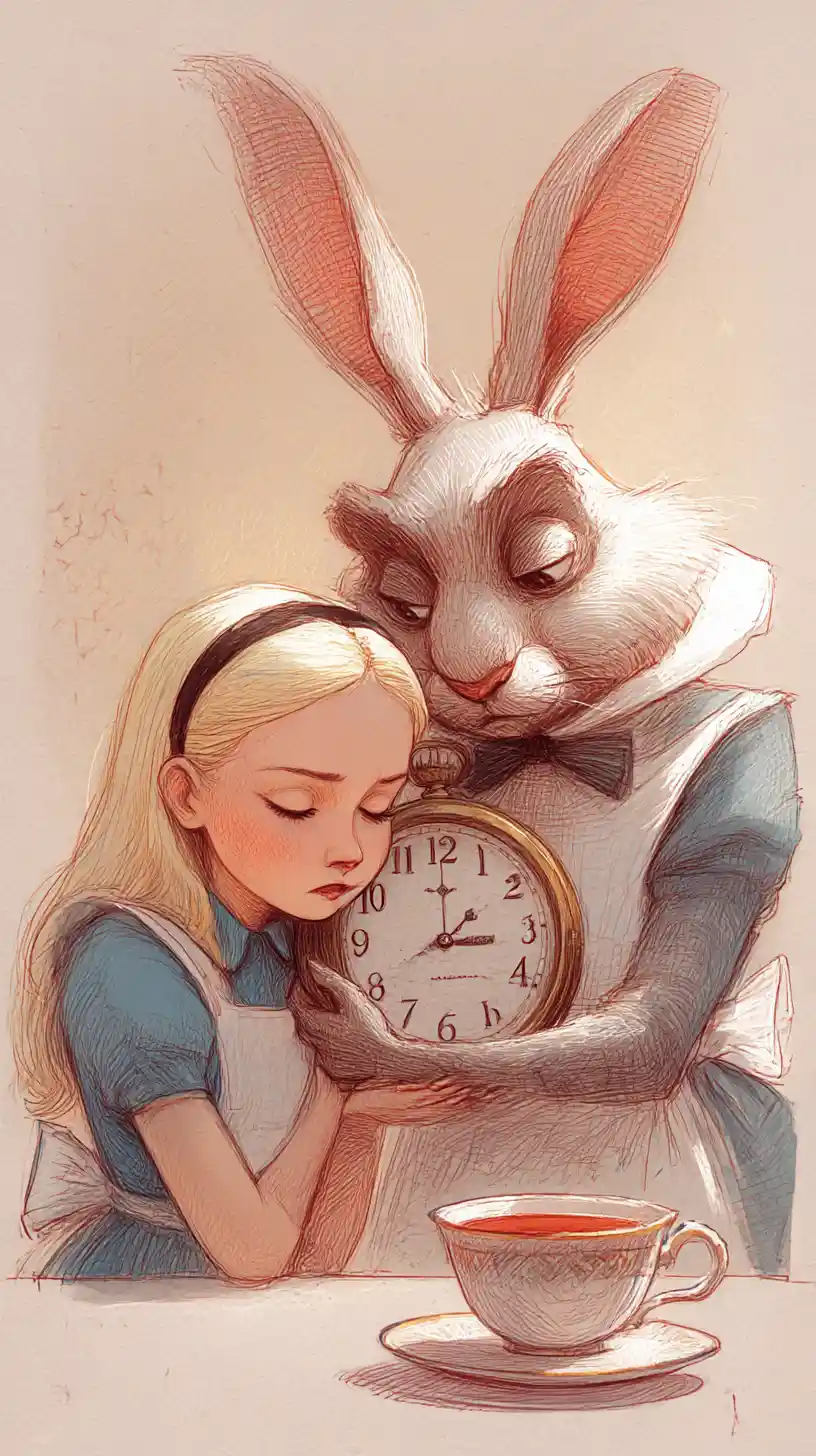 Girl Resting Against Rabbit With Clock In Calm Scene