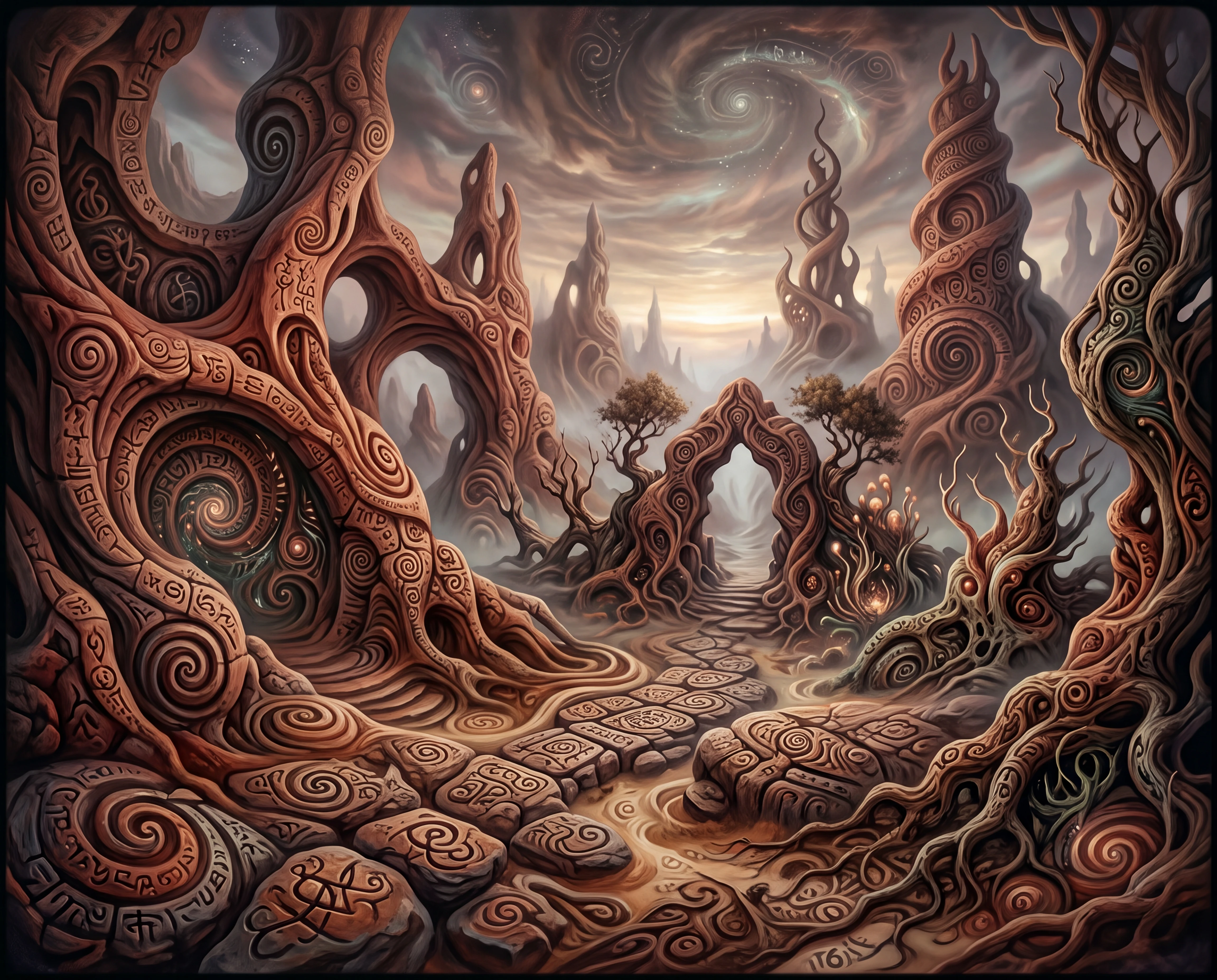 Surreal organic forms merging into a mystical abstract landscape
