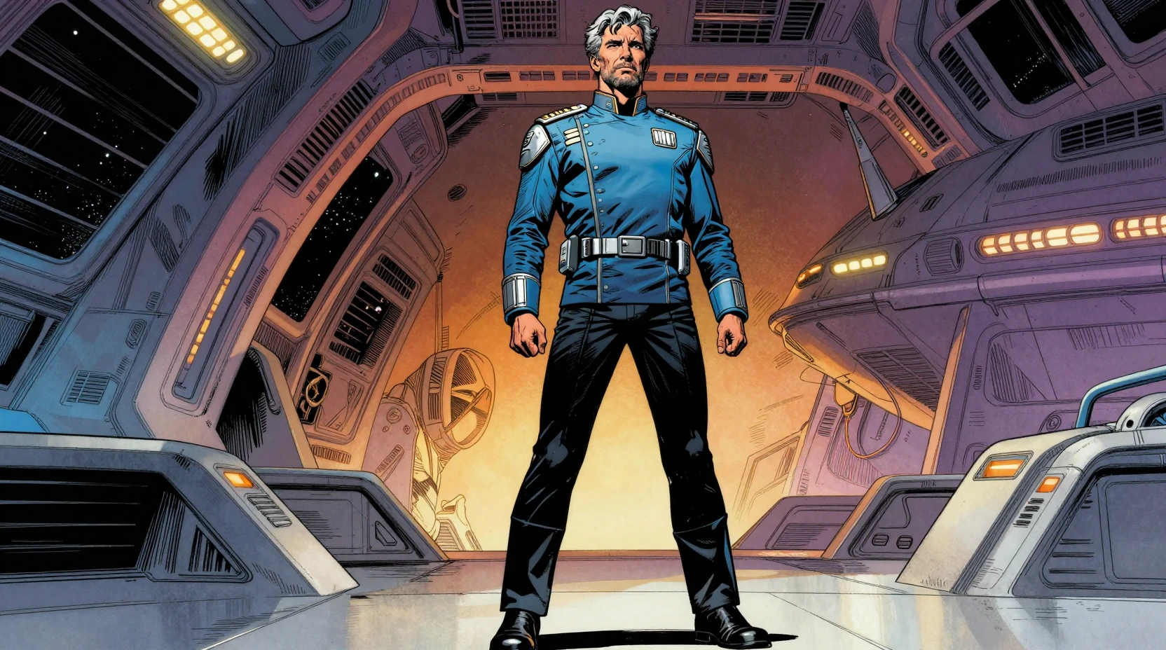 Capitano di astronave dai capelli grigi su un ponte di comando futuristico