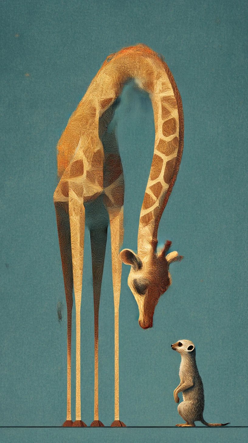 Minimalist surreal giraffe and meerkat in gentle eye contact