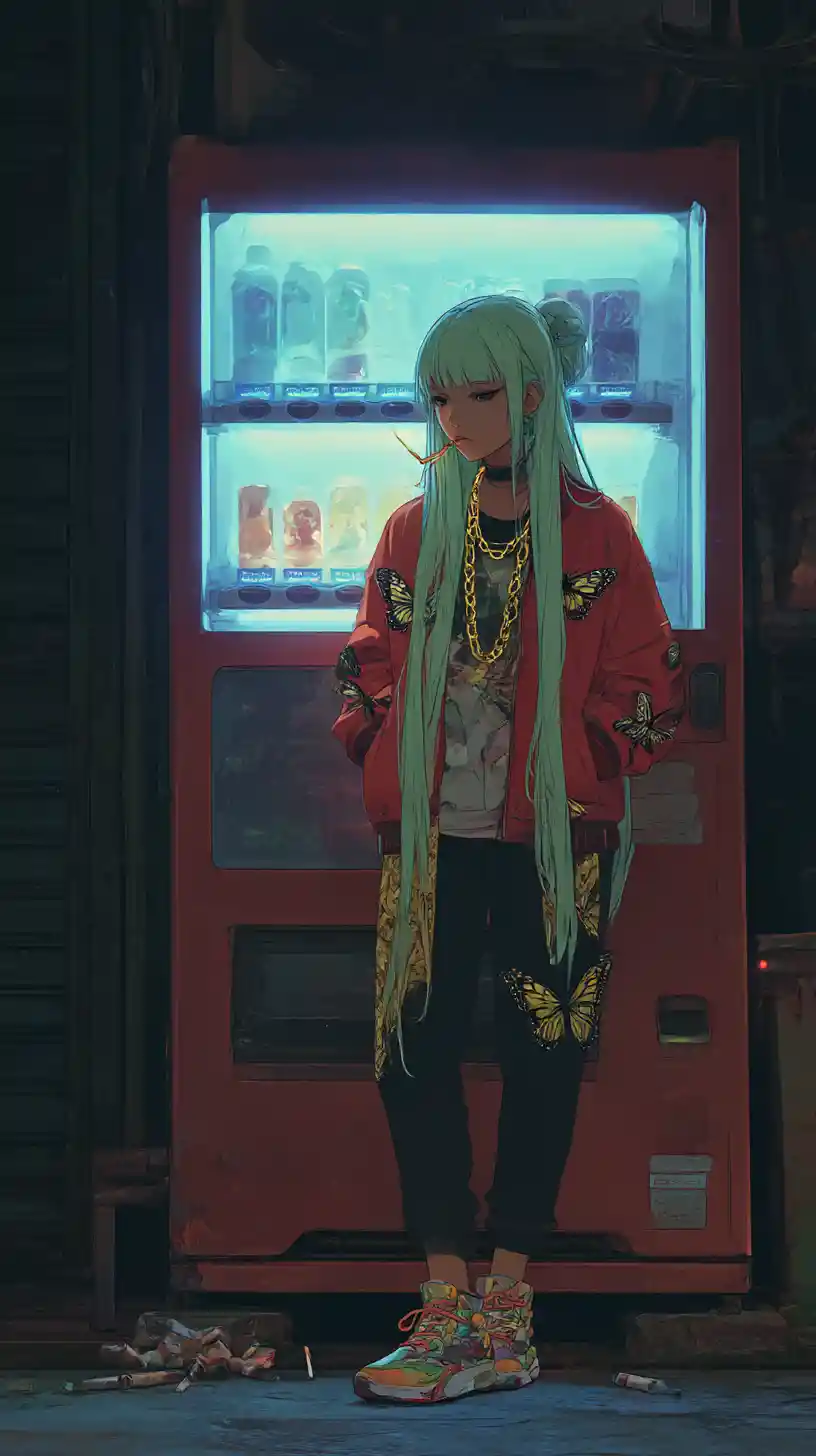 Fille d’anime fumant près d’un distributeur de sodas néon la nuit