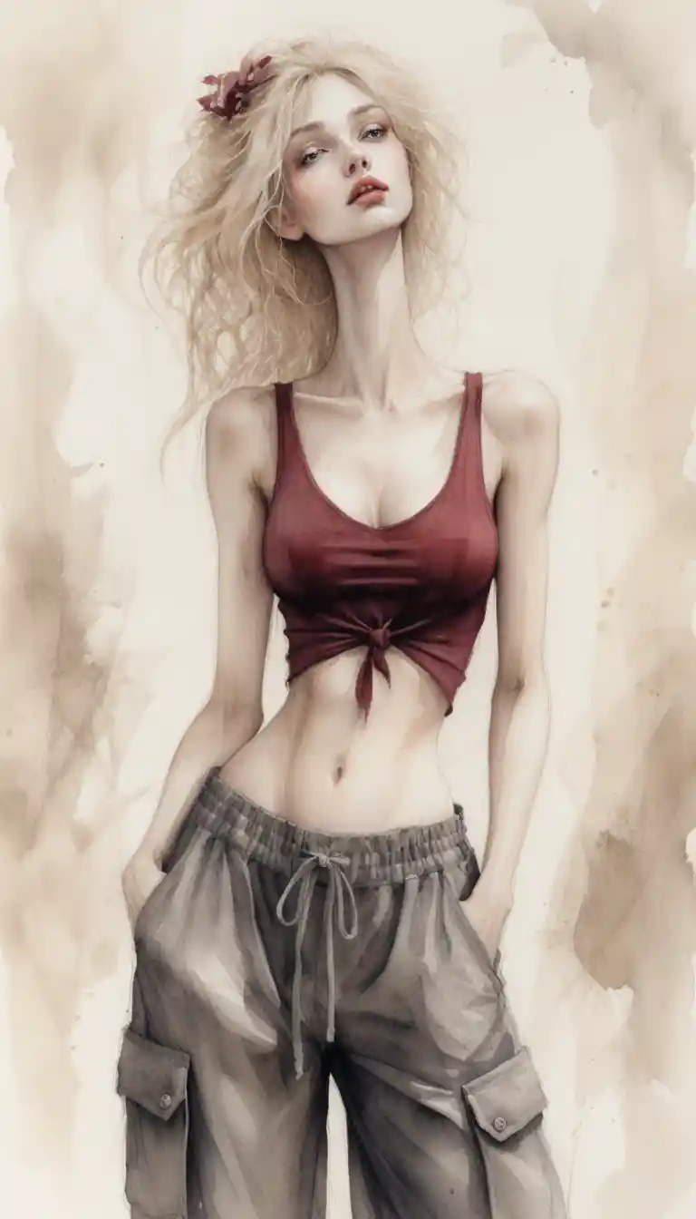 Donna gotica in mixed media con sguardo pensieroso rivolto verso l’alto