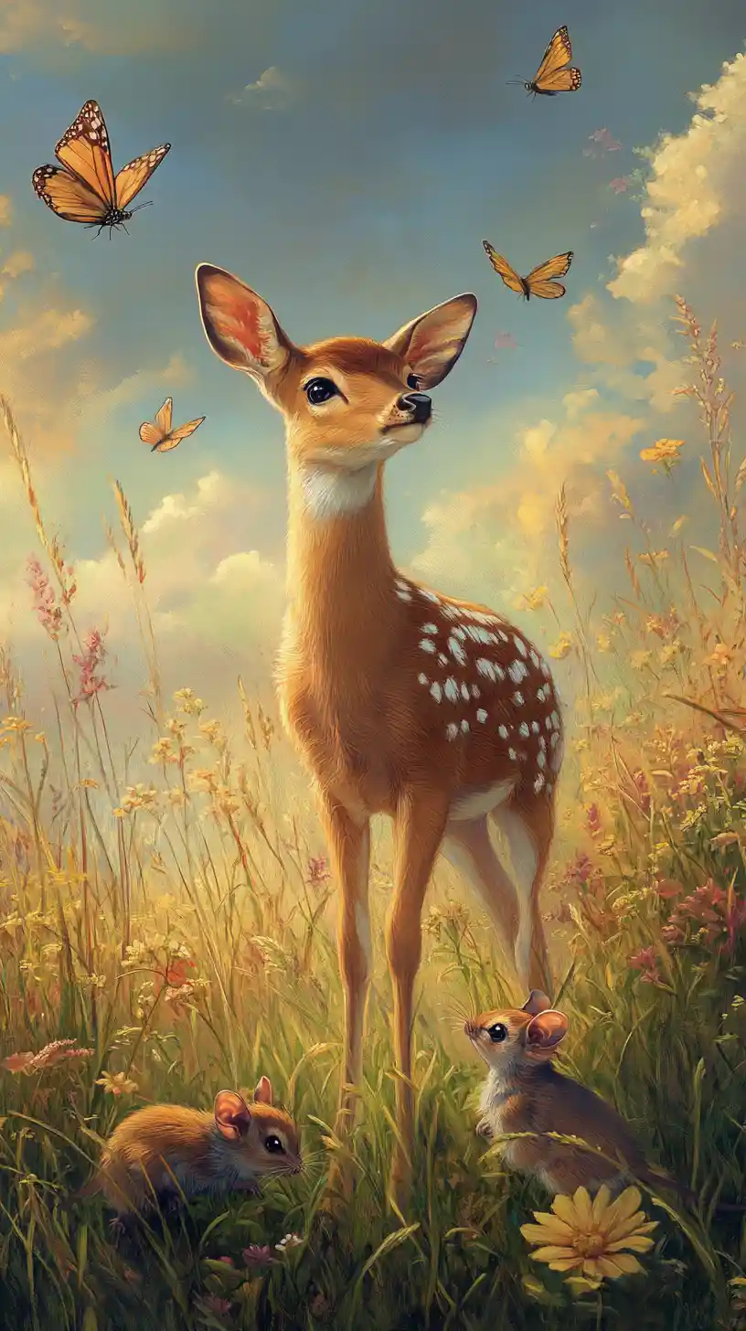 Graceful doe standing still amid resting birds and mice