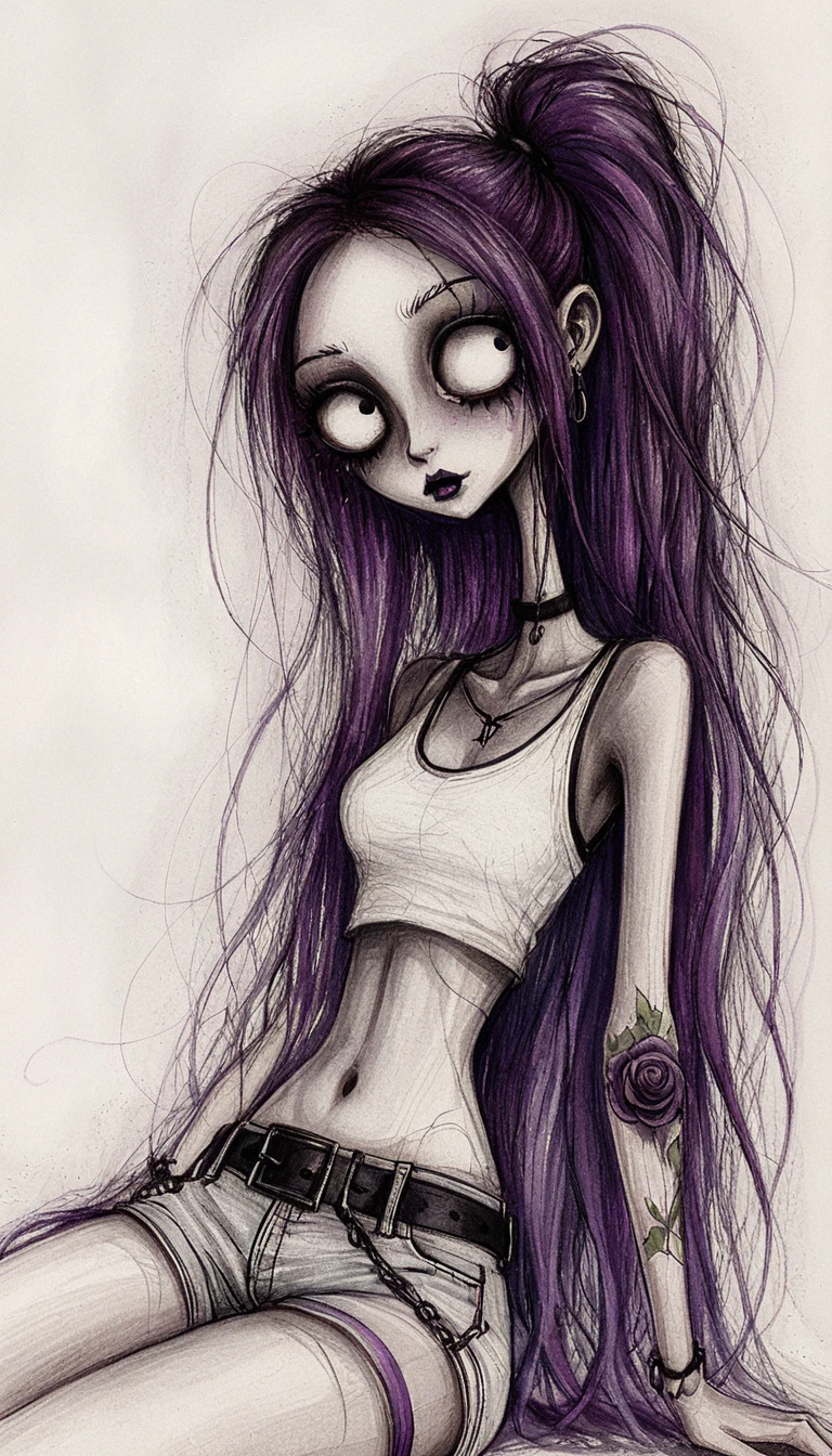 Boceto a lápiz de chica gótica con ojos grandes y cadenas