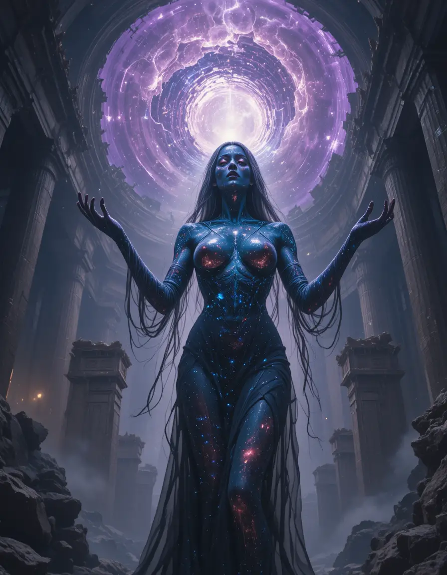 Diosa cósmica ignota que surge en un templo de obsidiana hecho añicos