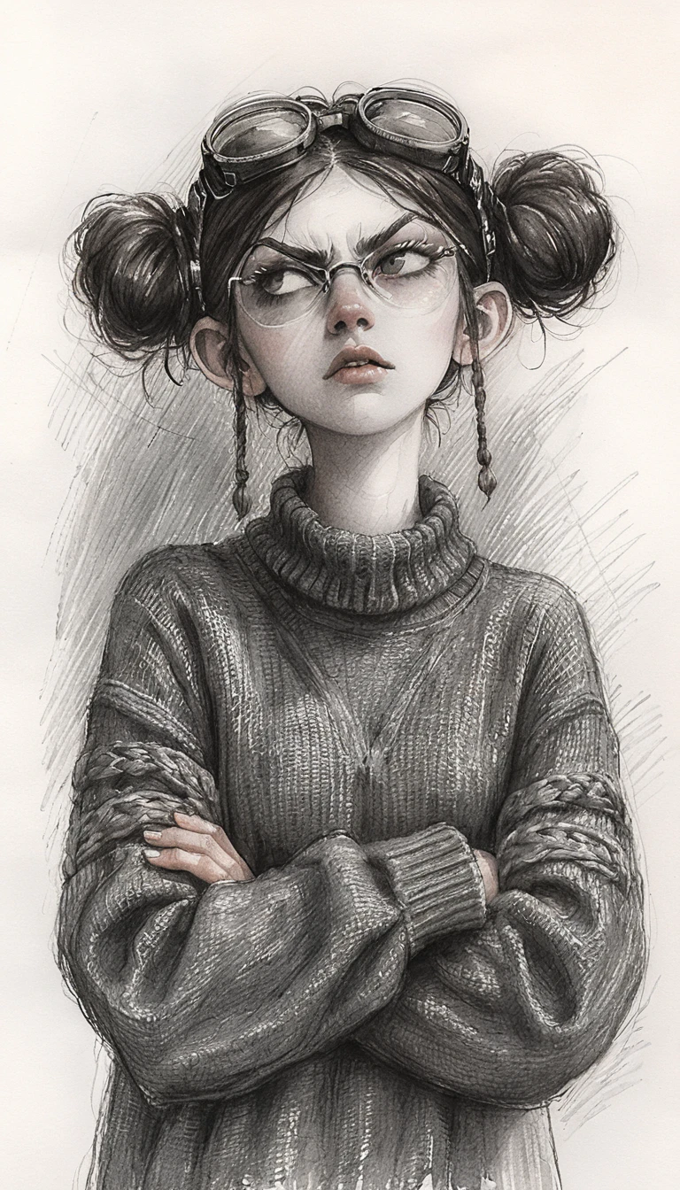 Chica melancólica con gafas en retrato a lápiz en blanco y negro