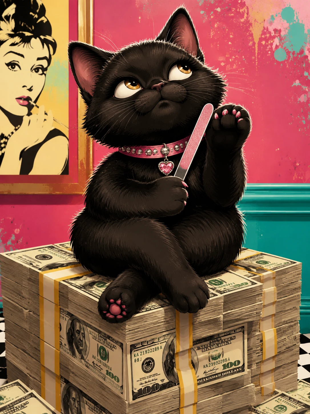 Playful black kitten on money cube in pop art style