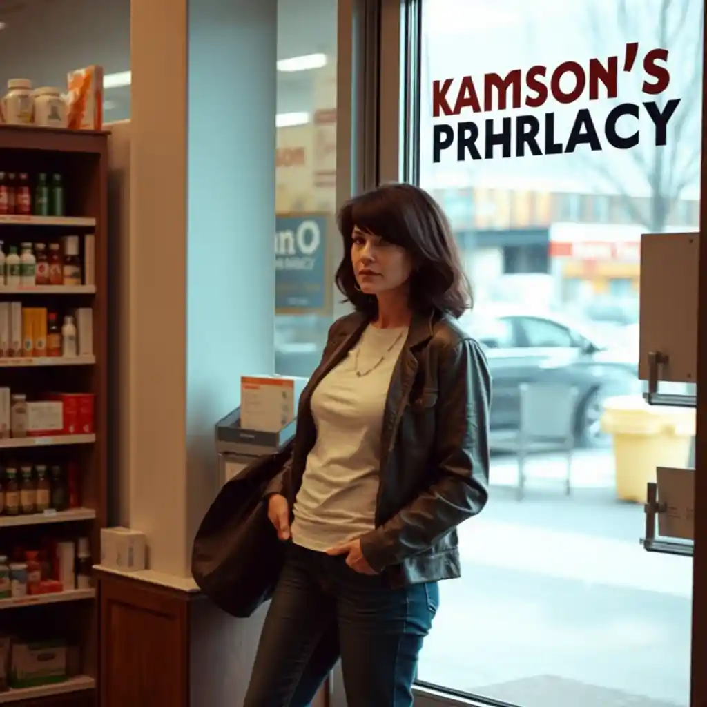 Middle aged woman standing inside a bright pharmacy