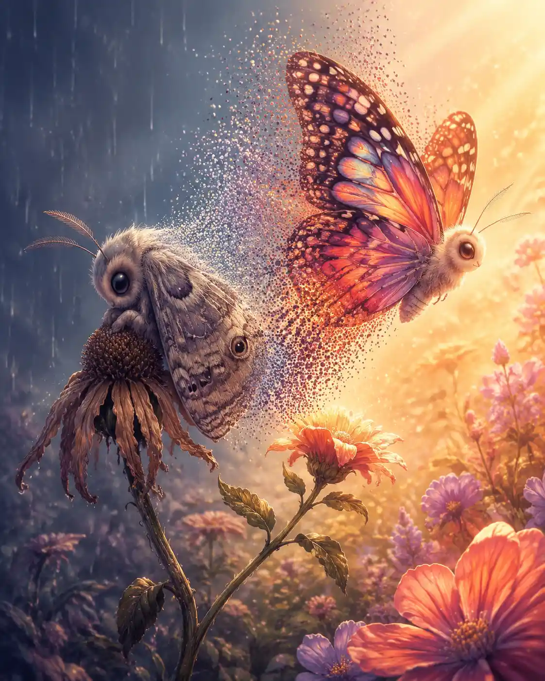 Tiny moth on fading flower beneath a gentle rainy sky