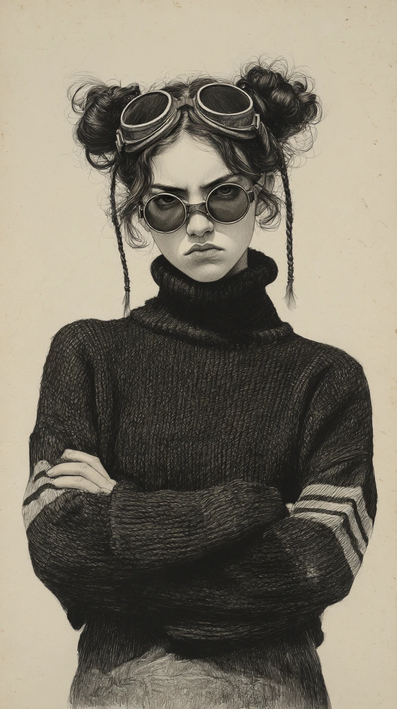 Retrato a lápiz sombrío de una chica rebelde con gafas