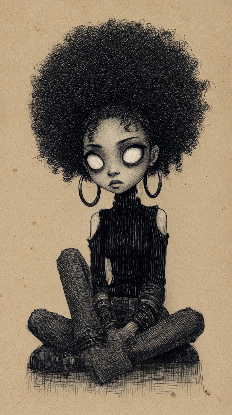 Dibujo gótico a lápiz de una mujer solemne con cabello afro
