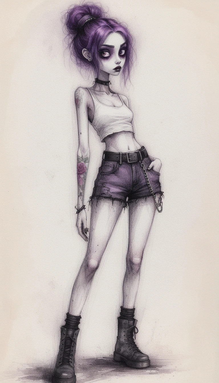 Retrato a lápiz de chica gótica con ojos grandes y tatuaje oscuro