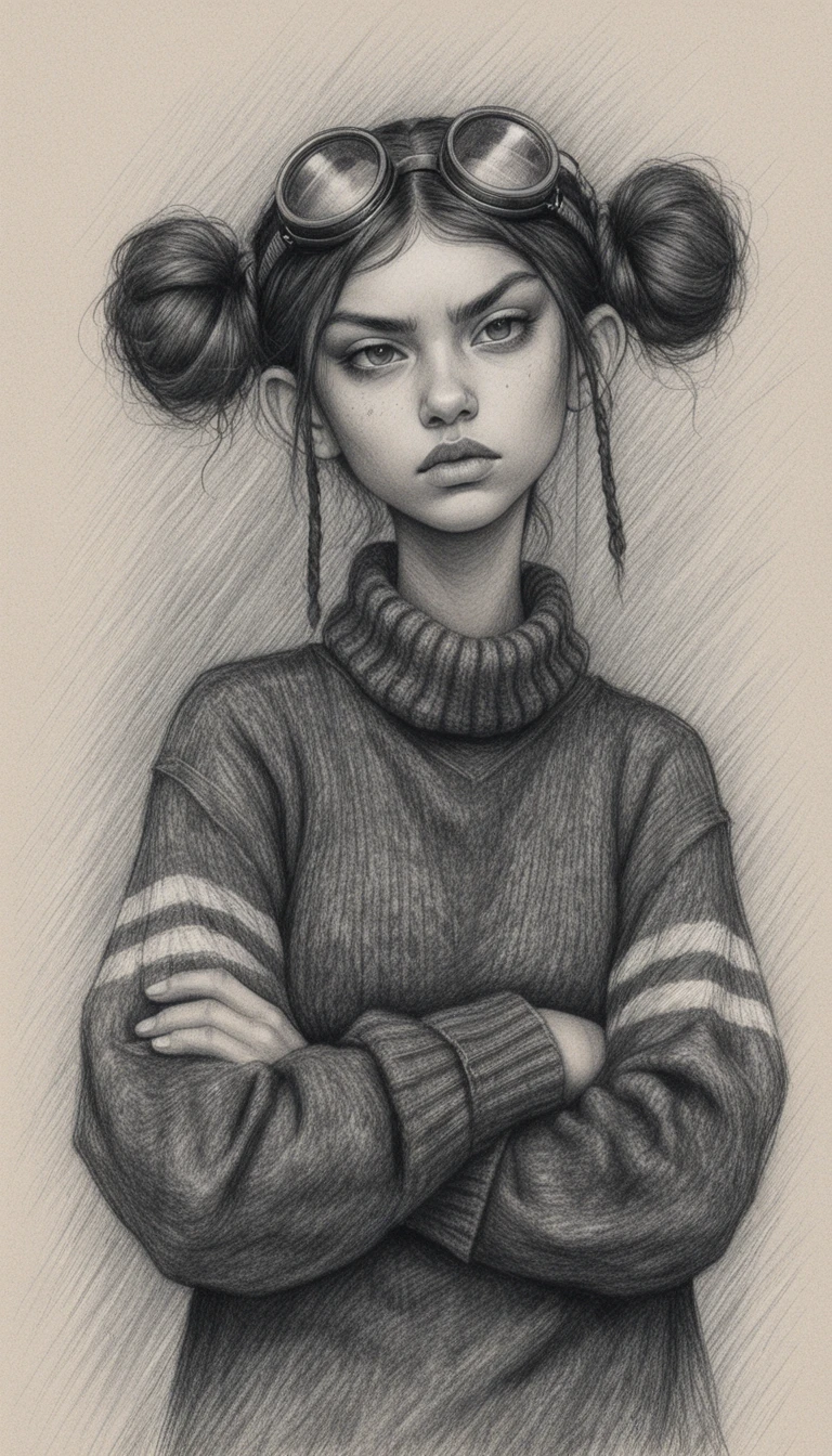 Chica melancólica con gafas en retrato a lápiz en blanco y negro