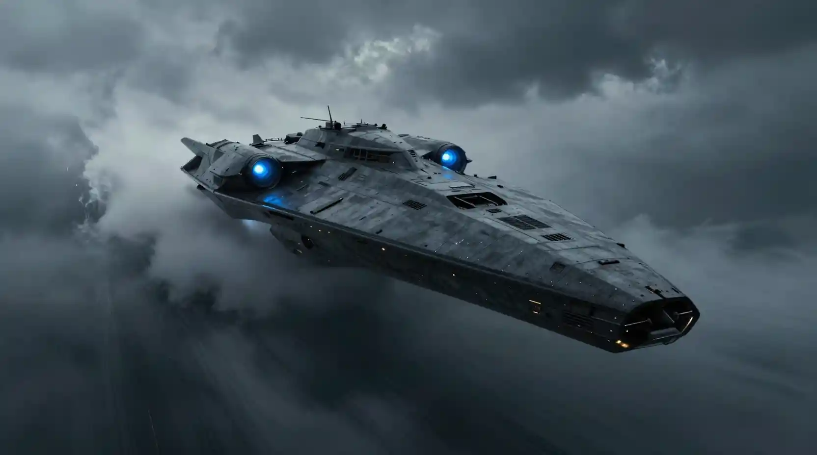 Acorazado de ciencia ficción oscuro atravesando densas nubes de tormenta