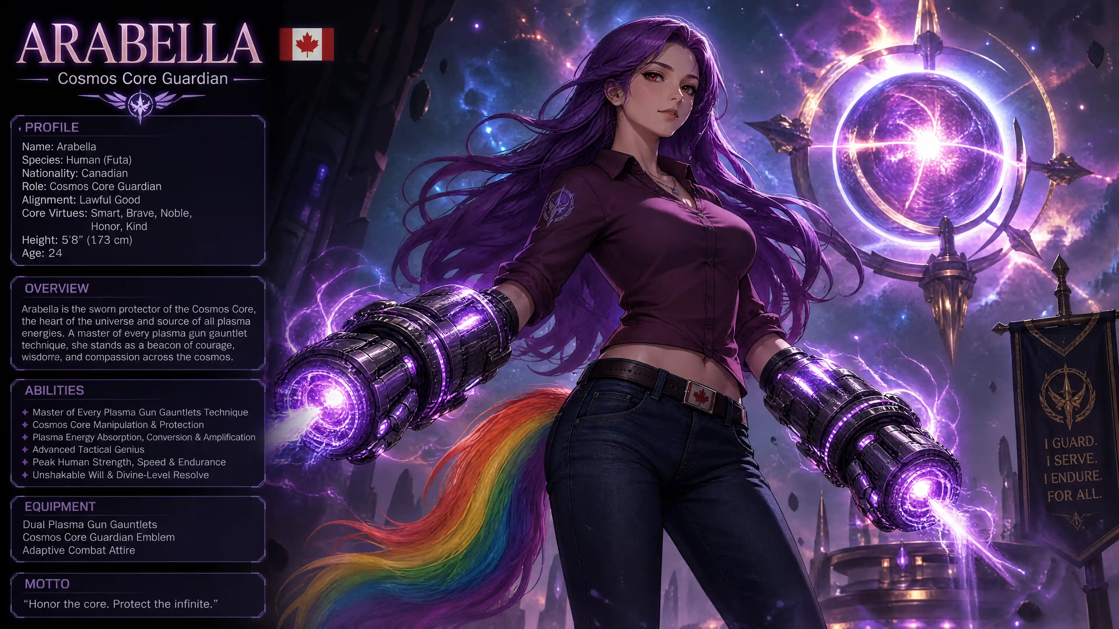 Brave cosmic guardian woman with rainbow tail and plasma gauntlets