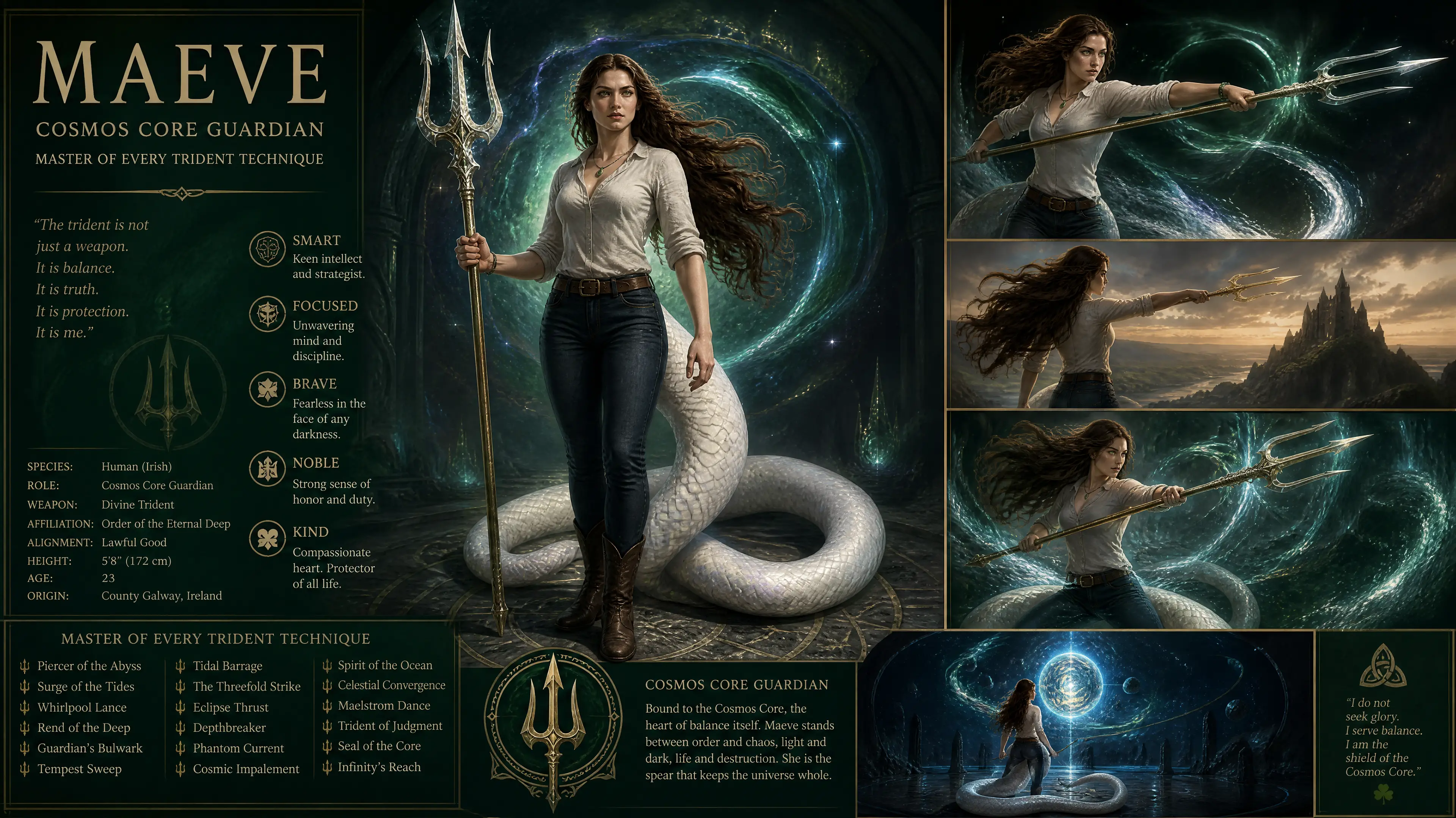 Brave cosmic guardian woman with white serpent tail