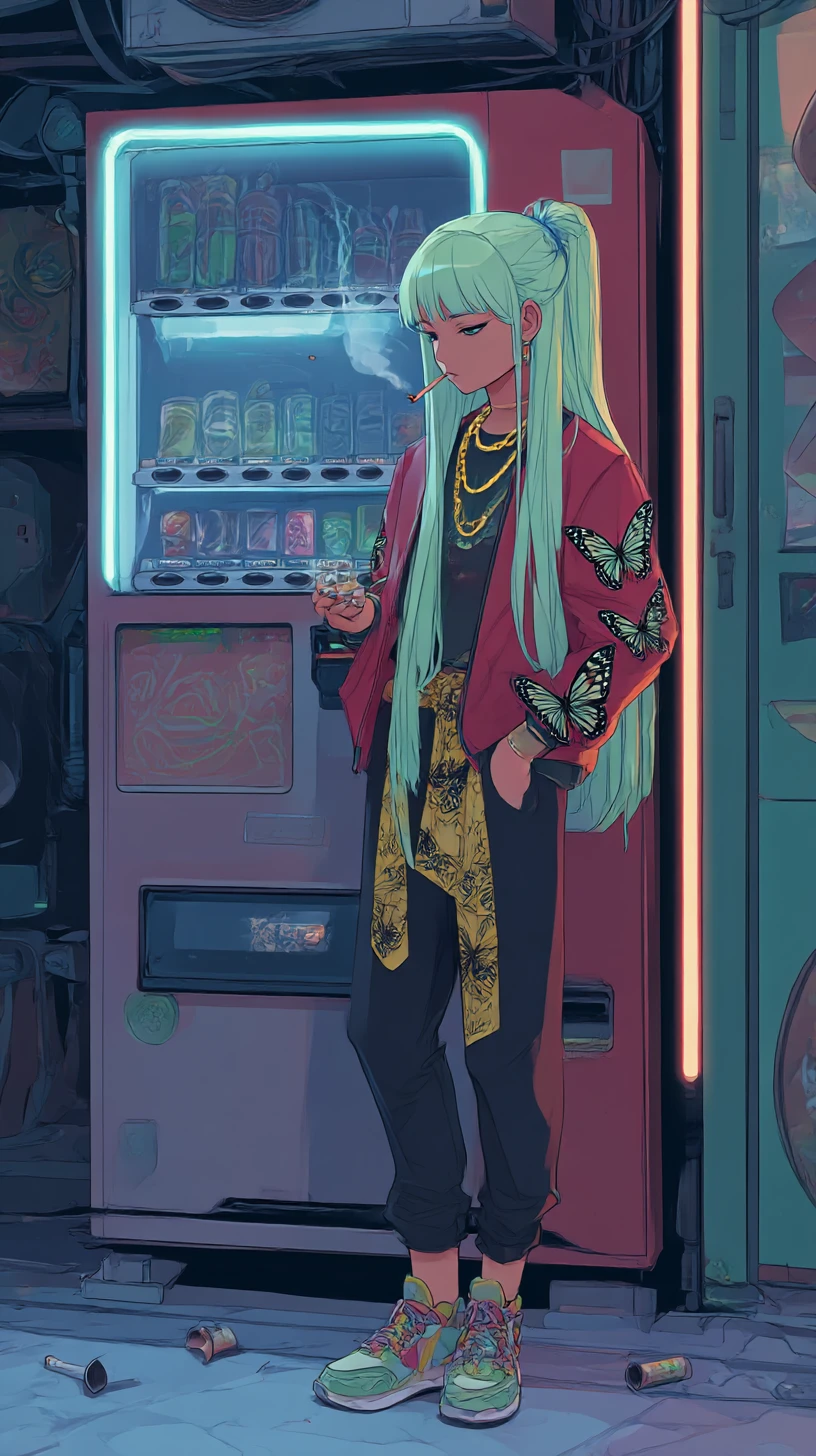 Chica de anime fumando junto a una máquina de refrescos de neón por la noche