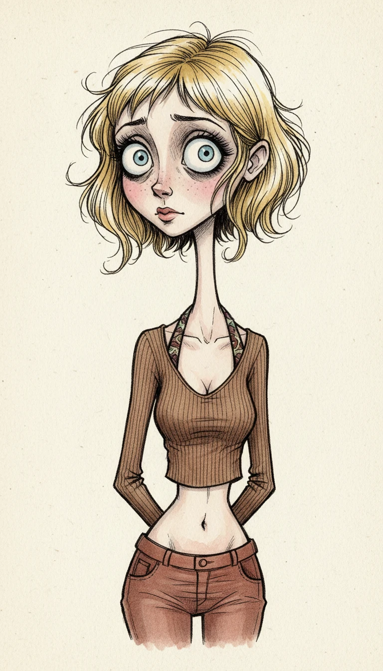 Retrato gótico a tinta de una chica nerviosa de ojos grandes