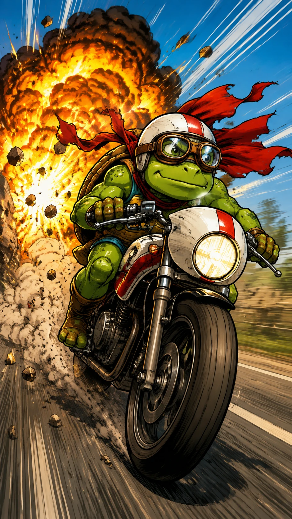 Tortuga caricaturesca heroica huyendo de una enorme explosión de fuego
