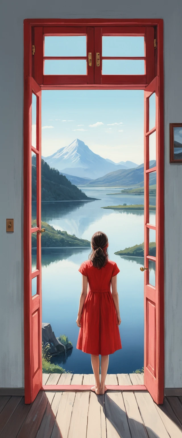 Girl in red dress standing by door to mountain lake
