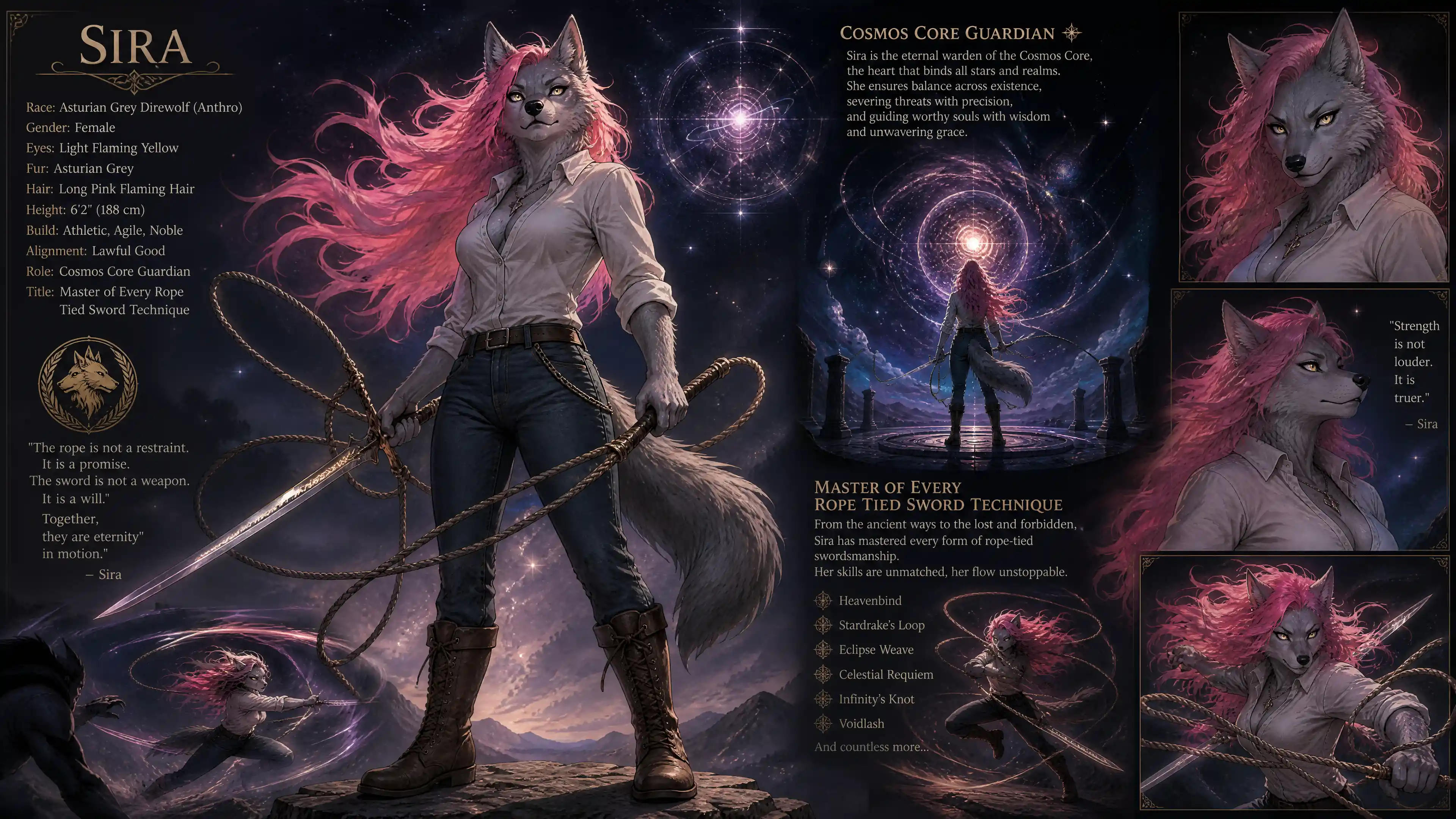 Guerrière louve redoutable anthropomorphe aux cheveux en flammes et à l’épée