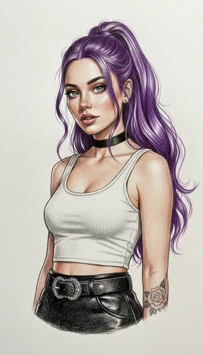 Retrato medio a lápiz de colores de chica de pelo morado