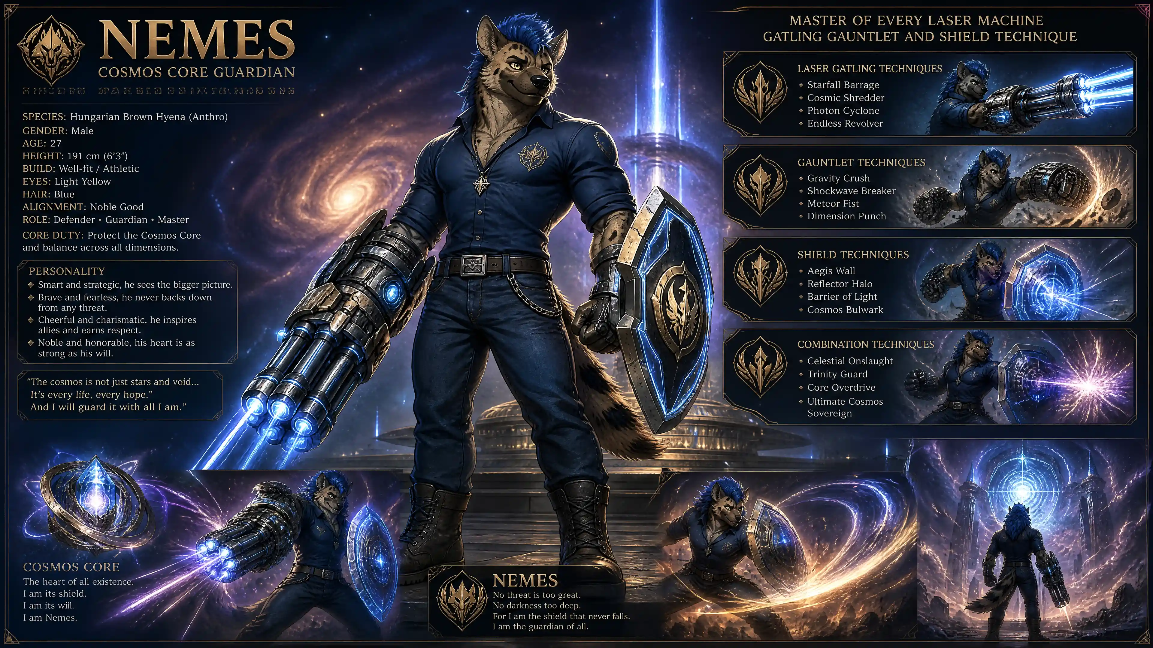 Heroic male anthro hyena guardian with blue hair