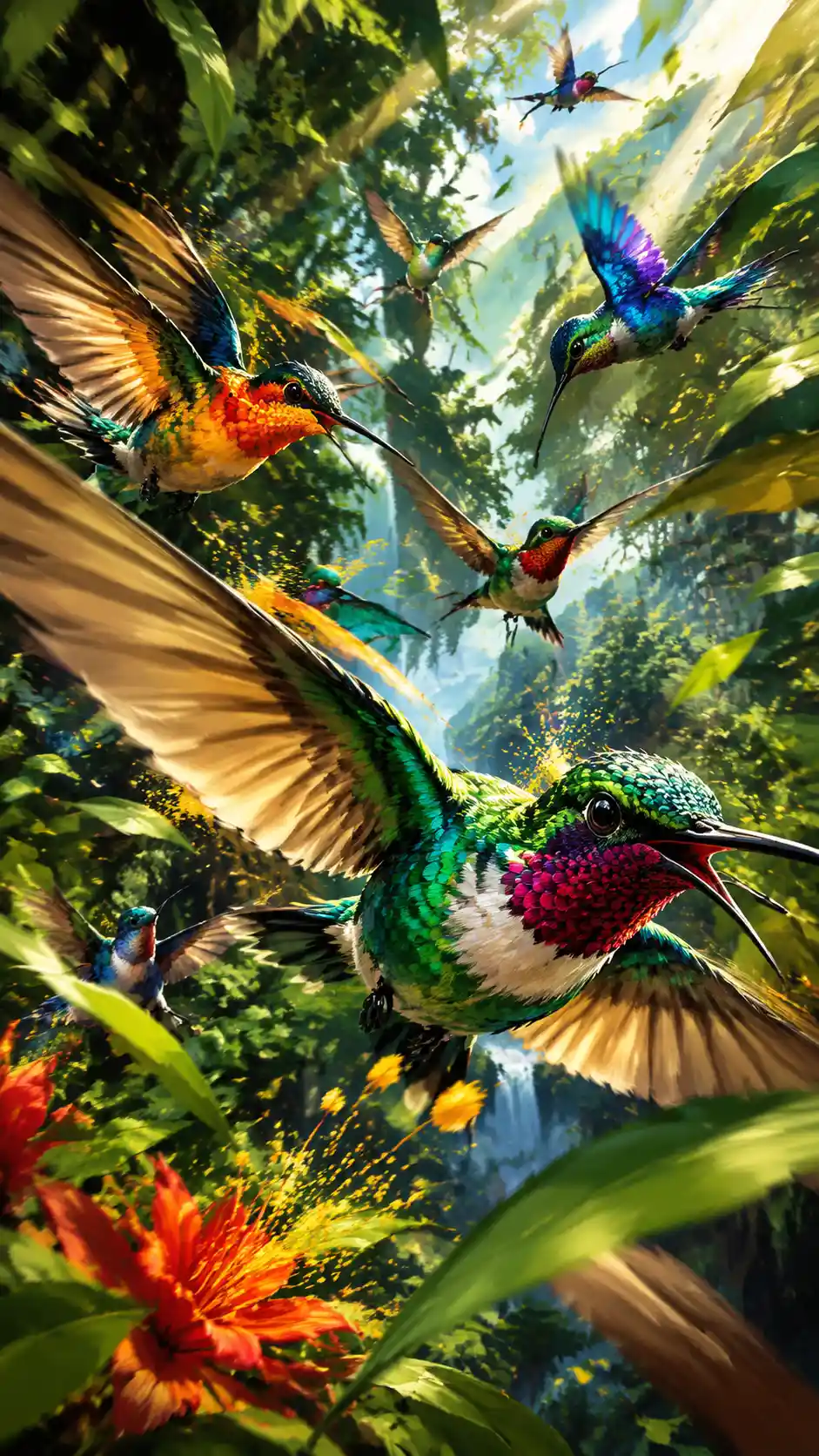Vibrant hummingbirds racing through a sunlit jungle canopy